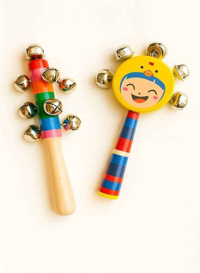SMILE BABY Colorful Wooden Rainbow Baby Handle Jingle Bell Rattle Toys jhun jhuna (GOONGRA+Smily) - Image 1
